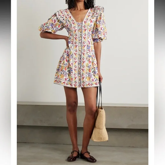 New! FARM RIO ruffled floral-print linen mini dress size M